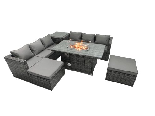 Fimous Rattan Garden Furniture Firepit Dining Set 8 Seater Lounge Sofa Table Set with Side Tables 2 Footstool