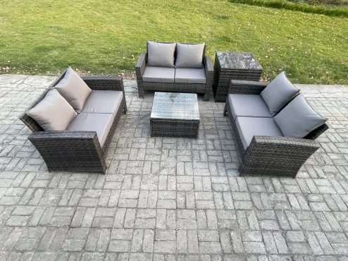 Fimous 6 Seater Rattan Wicker Garden Furniture Patio Conservatory Sofa Set with Square Coffee Table Double Seat Sofa Side Table