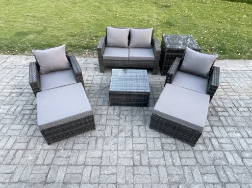Fimous Rattan Wicker Garden Furniture Patio Conservatory Sofa Set with Square Coffee Table Armchair 2 Seater Sofa 2 Big Footstool Side Table