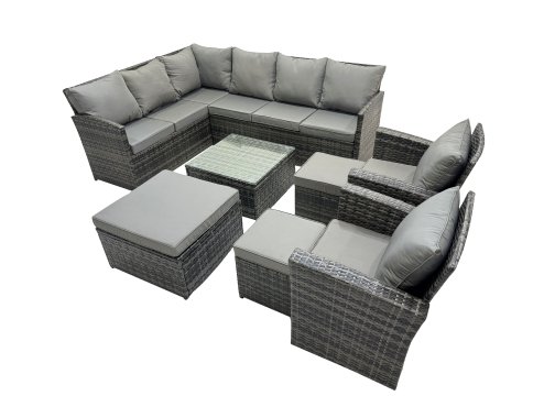 Fimous 11 Seat Poly Rattan Outdoor Patio Coffee Table Corner Sofa Set with 3 Stools 2 Chairs for Garden Backyard Dark Grey Mixed