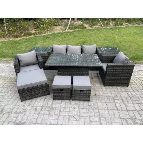 Fimous Wicker PE Rattan Garden Furniture Sofa Set Outdoor Adjustable Rising Lifting Dining Table Set with Armchairs 2 Side Tables 3 Footstools 8 Seater Dark Grey Mixed