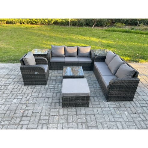 Fimous Outdoor Rattan Garden Furniture Set Conservatory Patio Sofa Coffee Table With Reclining Chair 2 Side Tables Big Footstool Dark Grey Mixed
