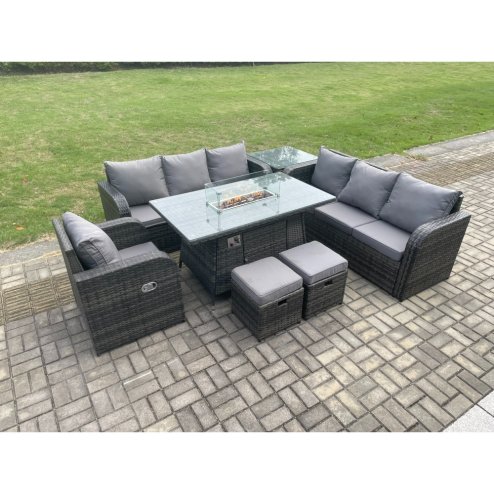 Fimous Rattan Outdoor Furniture Gas Fire Pit Rectangle Dining Table Gas Heater Reclining Chair 3 Seater Sofa Sets with Side Table 2 Small Footstools 9 Seater