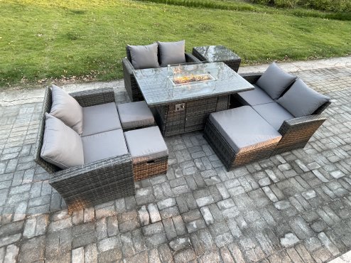 Fimous High Back Rattan Garden Furniture Sofa Sets with Outdoor Furniture Gas Firepit Dining Table Set 3 Footstools Side Table Dark Grey Mixed