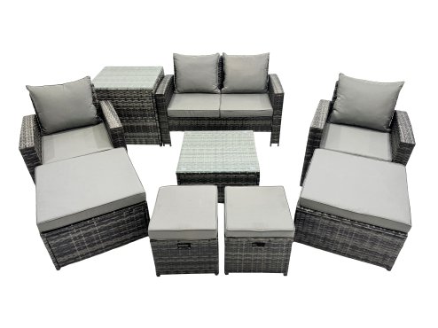 Fimous PE Rattan Garden Furniture Set Lounge Sofa Coffee Table Set with Side Table 4 Footstools Dark Grey Mixed
