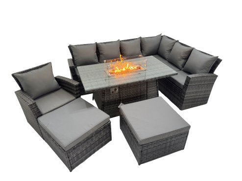 Fimous Outdoor Furniture Garden Dining Set Rattan Corner Sofa Chair Set Gas Fire Pit Table with Temper Glass 2 Big Footstools Dark Grey Mixed