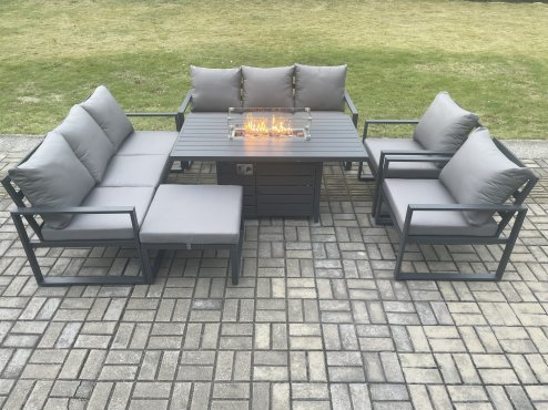 Fimous Aluminium Outdoor Garden Furniture Set Patio Lounge Sofa Gas Fire Pit Dining Table Set with Big Footstool Dark Grey