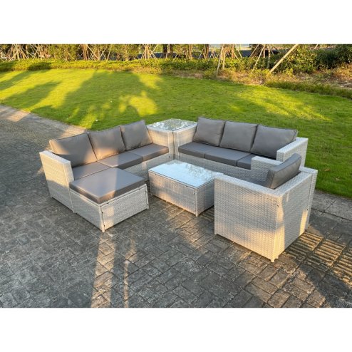 Fimous Light Grey PE Rattan Garden Furniture Set Corner Lounge Sofa Set Oblong Square Coffee Table Big Footstool Armchair