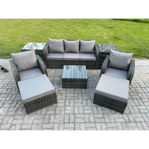 Fimous Patio Garden Furniture Sets Wicker 7 Seater Outdoor Rattan Furniture Sofa Sets with Square Coffee Table 2 Side Tables 2 Big Footstool