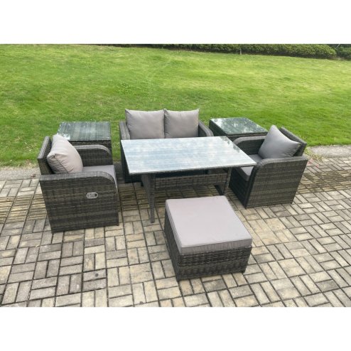 Fimous Outdoor Rattan Garden Furniture Lounge Sofa Set With Oblong Rectangular Dining Table 2 PC Reclining Chair 2 PC Side Table Big Footstool