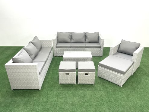 Fimous Wicker PE Rattan Sofa Garden Furniture Set with Armchair Oblong Coffee Table 3 Footstools Light Grey Mixed
