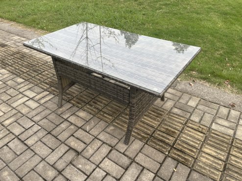 Fimous Dark Grey PE Wicker Rattan Garden Furniture Set Love Sofa Outdoor Rectangular Dining Table Side Table