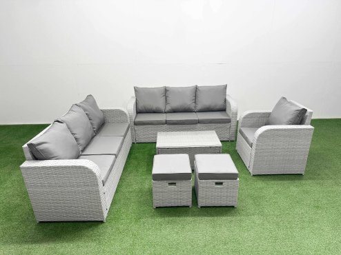 Fimous 9 Seater Poly Rattan Outdoor Garden Furniture Sofa Set Patio 3 Seater Sofa Reclining Chair 3 Seater Sofa Stools Light Grey