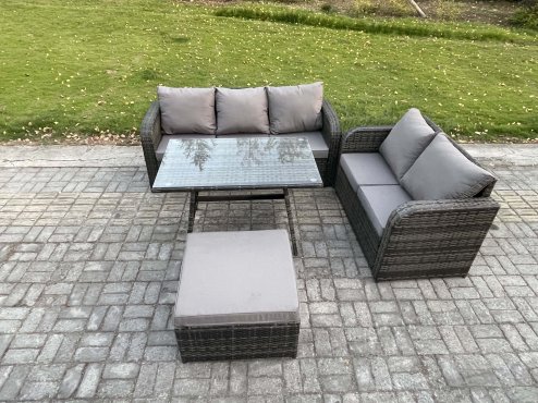 Fimous High Back PE Rattan Sofa Set Outdoor Garden Furniture Dining Table Set Love Sofa 3 Seater Sofa Big Footstool