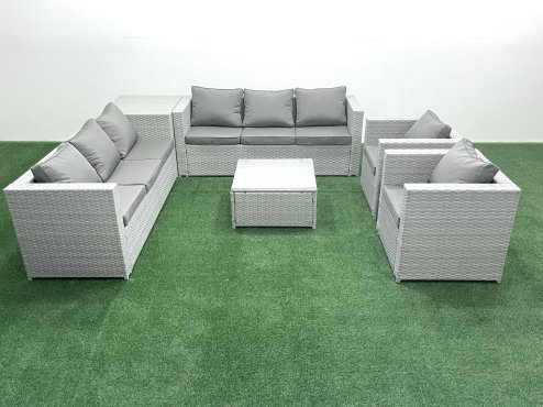 Fimous Outdoor Rattan Sofa Garden Furniture Set with 2 Armchairs Square Coffee Table Side Table Light Grey Mixed