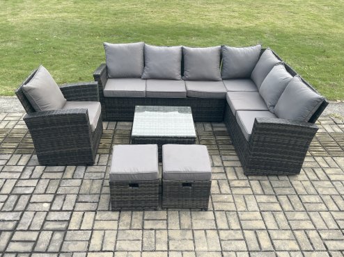 Fimous 9 Seater Wicker PE Outdoor Garden Furniture Set High Back Rattan Corner Sofa Chair Set with 2 Small Footstools Square Coffee Table