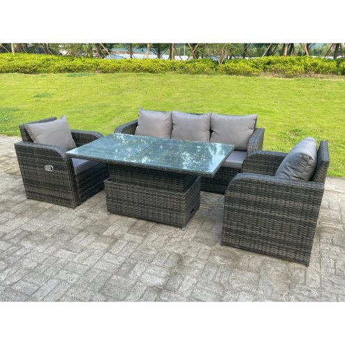 Fimous Dark Mixed Grey Rattan Outdoor Garden Furniture Lifting Adjustable Dining Or Coffee Table Sets Lounge Sofa Recling Chairs 5 Seater