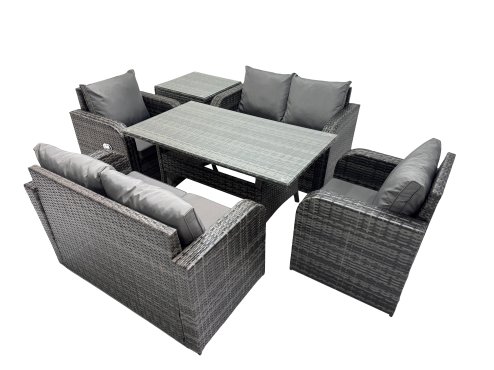 Fimous 6 Seat Outdoor Wicker PE Rattan Garden Furniture Set Dining Table Sofa Sets with Side Table Dark Grey Mixed
