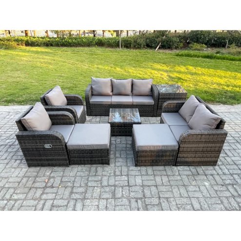 Fimous Rattan Garden Furniture 8 Piece Patio Set Table Sofa Chairs With 2 Big Footstool Side Table