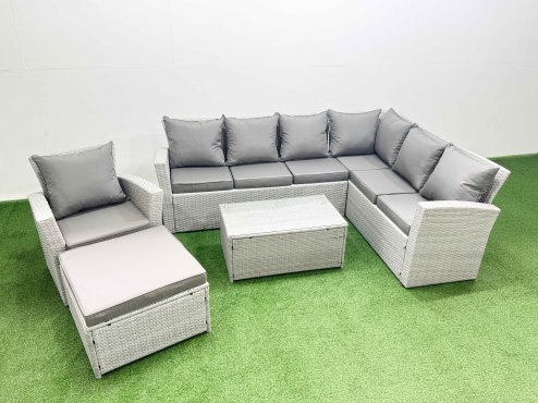 Fimous Garden Outdoor PE Rattan Furniture Set 8 Seater Rattan Garden Sofa Set with Big Footstool Light Grey Mixed