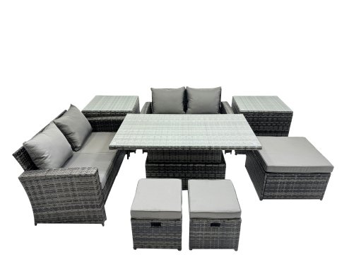 Fimous Outdoor Love Sofa Set 7 Seat Rattan Garden Furniture Set with Adjustable Lifting Dining or Coffee Table Dark Grey Mixed