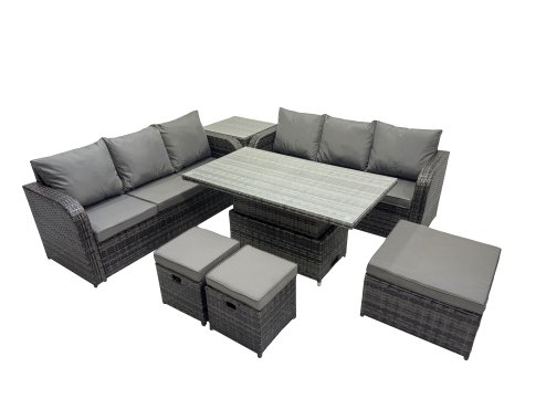 Fimous Rattan Garden Furniture Dining Set 9-seater Patio Height Adjustable Rising Lifting Table Sofa Set with Side Table 3 Footstools Dark Grey Mixed