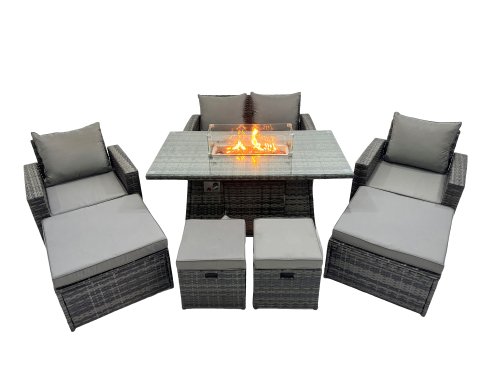 Fimous Outdoor Love Sofa Set 8 Seat Rattan Garden Furniture Set with Gas Firpit Dining Table 3 Footstools Dark Grey Mixed