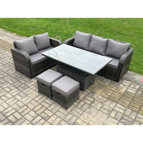 Fimous Outdoor Rattan Garden Furniture Sets Height Adjustable Rising lifting Dining Table Lounge Sofa Set With Love Sofa 2 Small Footstools Dark Grey Mixed