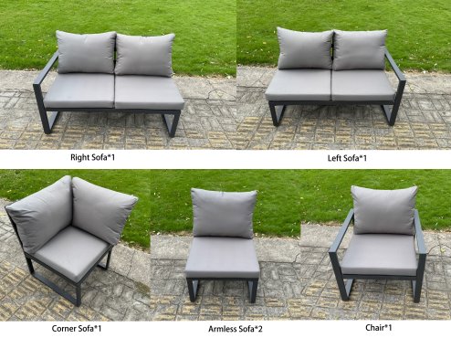 Fimous 8 Piece L-shaped Garden Furniture Set 9-Seater Aluminium Outdoor Dining Set with Adjustable Rising Lifting Dining Table 2 Small Footstools Dark Grey