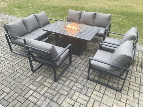 Fimous Aluminium Garden Furniture Outdoor Set Patio Lounge Sofa Gas Fire Pit Dining Table Set with 3 Armchair Dark Grey