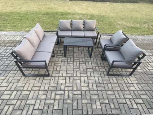 Fimous Aluminium 5 Pieces Garden Furniture Set with Cushions 8 Seater Outdoor Patio Lounge Sofa Set with 2 Armchairs Dark Grey