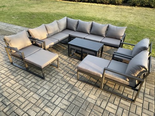 Fimous 13 Seater Aluminium Outdoor Garden Furniture Set Patio Lounge Sofa with Oblong Coffee Table Chair 2 Small Footstools 2 Big Footstools Dark Grey