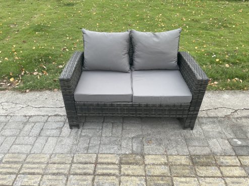 Fimous Dark Grey PE Wicker Rattan Garden Furniture Set Love Sofa Outdoor Rectangular Dining Table Side Table