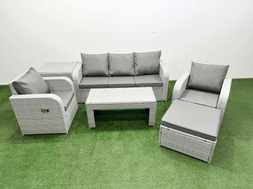 Fimous PE Rattan Garden Furniture Set Reclining Chair Sofa Lounge Sofa Set Rectangular Coffee Table Side Table Big Footstool Light Grey