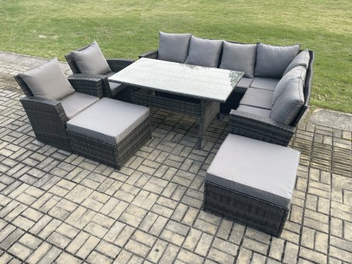 Fimous 10 Seater Garden Rattan Furniture Corner Sofa Dining Table Chair Set with 2 Big Footstool 2 Armchairs Indoor Outdoor Lounge Sofa Set