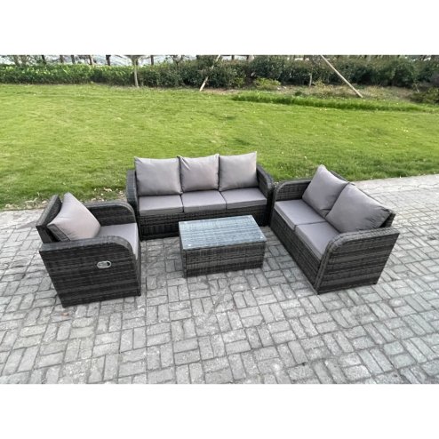 Fimous Patio Garden Furniture Sets Wicker 6 Seater Outdoor Rattan Furniture Sofa Sets with Rectangular Coffee Table Reclining Chair Loveseat Sofa 3 Seater Sofa