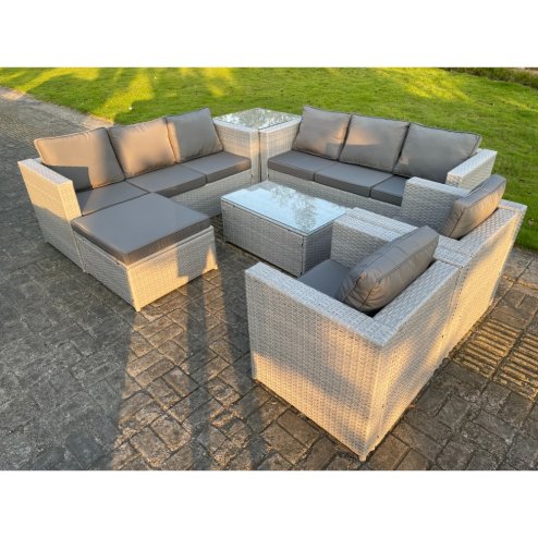 Fimous 9 Seater Light Grey Rattan Sofa Set Chairs 2 Coffee Table Footstool Outdoor Garden Furniture