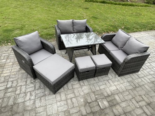 Fimous 8 Seater Outdoor Garden Dining Sets Rattan Furniture With Dining Table Armchairs Love Sofa 3 Footstools Dark Grey Mixed