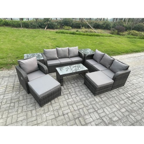 Fimous Outdoor Lounge Sofa Set 9 Seater Rattan Garden Furniture Set with Rectangular Coffee Table 3 Seater Sofa 2 Side Tables 2 Big Footstool Dark Grey Mixed