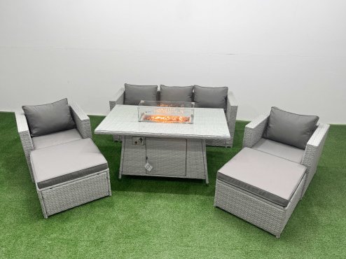Fimous 7 Seat PE Rattan Lounge Sofa Set Outdoor Garden Furniture Set with Firepit Dining Table 3 Seater Sofa 2 Big Footstools Light Grey