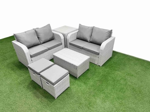 Fimous 6 Seater Outdoor Love Sofa Set Rattan Garden Furniture Set with Rectangular Coffee Table 2 Small Stools Side Table Light Grey