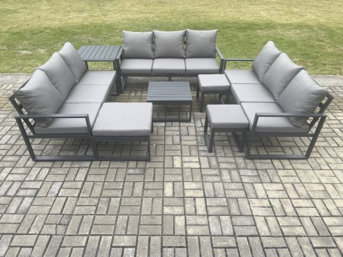 Fimous Aluminium Outdoor Garden Furniture Set Patio Lounge Sofa with Square Coffee Table Side Table 3 Footstools Conservatory Set Dark Grey