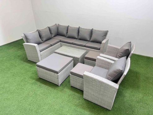 Fimous 11 Seater Garden Outdoor PE Rattan Furniture Set Rattan Garden Sofa Set with 3 Footstools Light Grey Mixed