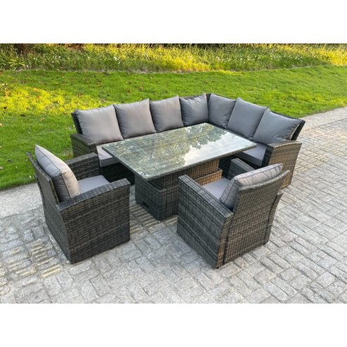 Fimous High Back PE Rattan Corner Sofa Set Garden Furniture Adjustable Rising Lifting Table Set With 2 Chair