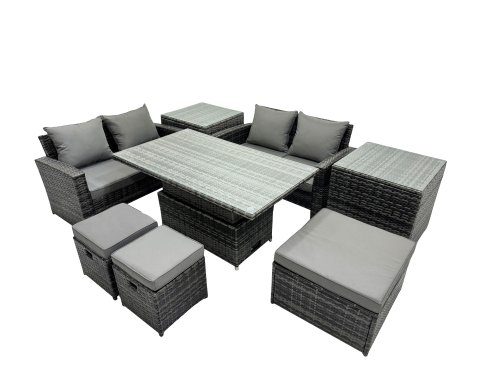 Fimous Outdoor Love Sofa Set 7 Seat Rattan Garden Furniture Set with Adjustable Lifting Dining or Coffee Table Dark Grey Mixed
