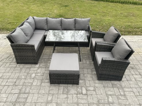 Fimous 9 Seater Rattan Garden Furniture Sets High Back Corner Sofa Rectangular Dining Table Set with Big Footstool 2 Armchairs Dark Grey Mixed