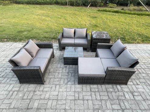 Fimous 7 Seater Rattan Wicker Garden Furniture Patio Conservatory Sofa Set with Square Coffee Table Double Seat Sofa Big Footstool Side Table