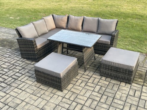 Fimous High Back Outdoor Garden Furniture Set Rattan Corner Sofa Dining Table Set With 2 Big Footstool 8 Seater Dark Grey Mixed