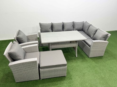 Fimous Rattan Garden Furniture Set Outdoor 9 Seater Patio Dining Corner Sofa Sets with Dining Table Chair Big Footstool Light Grey Mixed