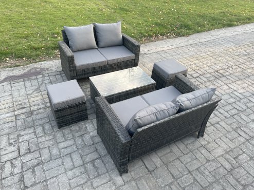 Fimous Wicker Rattan Garden Furniture Sofa Set with Rectangular Coffee Table Double Seat Sofa 2 Small Footstool 6 Seater Outdoor Rattan Set Dark Grey Mixed